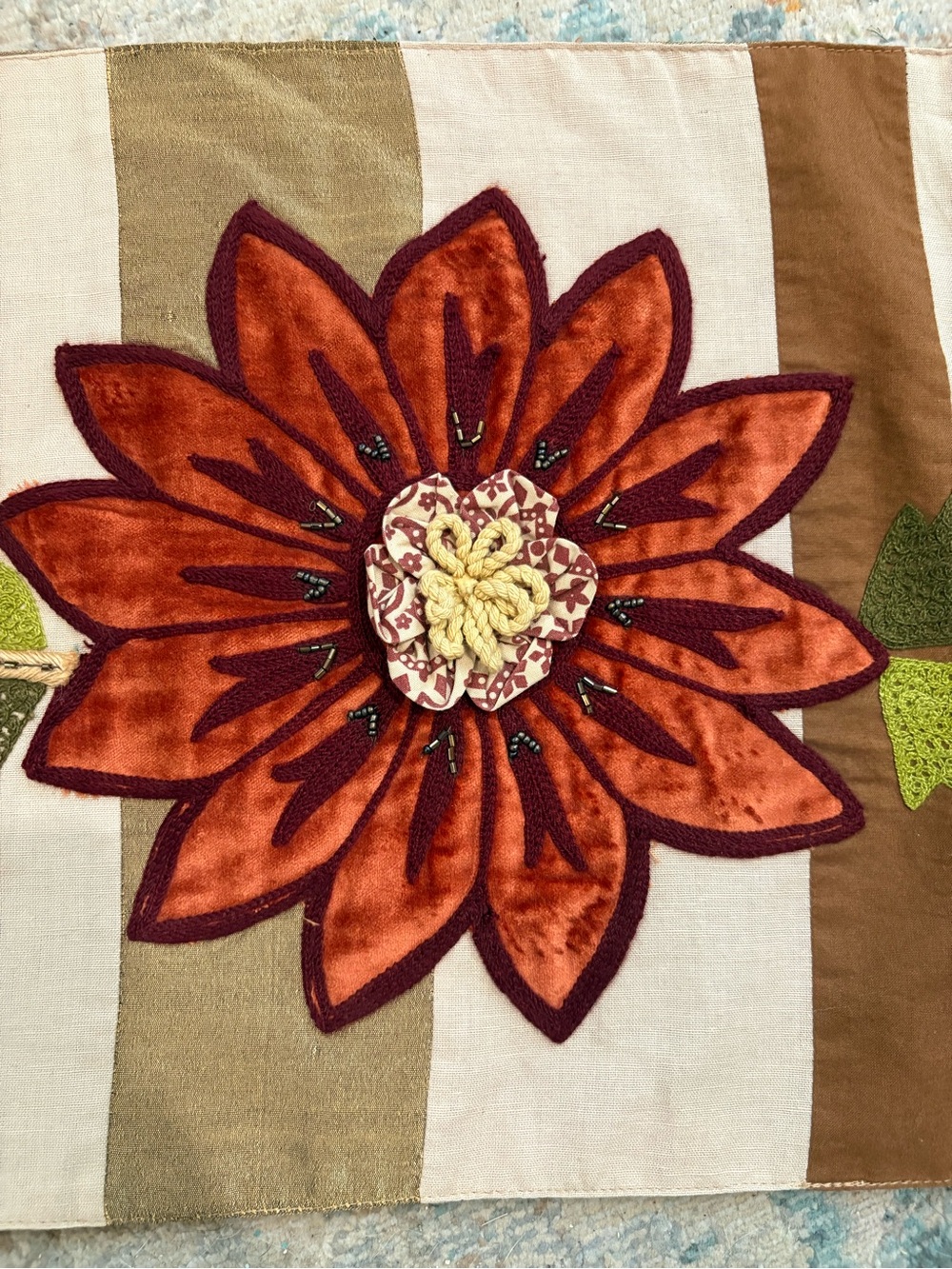 Pier 1 Striped Floral Table Runner in Brown green orange and Cream beads embroid - Picture 3 of 11